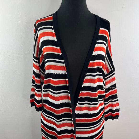 KAREN MILLEN Black Orange White Long Open Cardigan Stripe Side Slit Sz Medium M - Picture 4 of 12